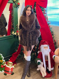 Leopard Print Faux Fur Jacket Womens Long Sleeve Fur Collar Cuff Pockets Coat Autumn Party Winter Streetwear Trendy Outerwear
