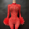 New Sexy See-through Red Fur Stone Club Wear Jumpsuit Long Women's Jumpsuit Rhinestone Mesh Jumpsuit