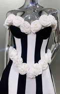 Women's Spring 3D White Rose Black White Striped Tube Top Skirt Fashion Elegant Dinner Party Bandage Performance Gown Robe Femme