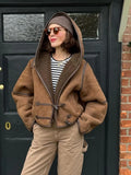 Women's Brown patchwork Hooded Jacket With Faux Fur Lining Fashion Horn Button Bomber Coat Lady Winter Casual Outerwear