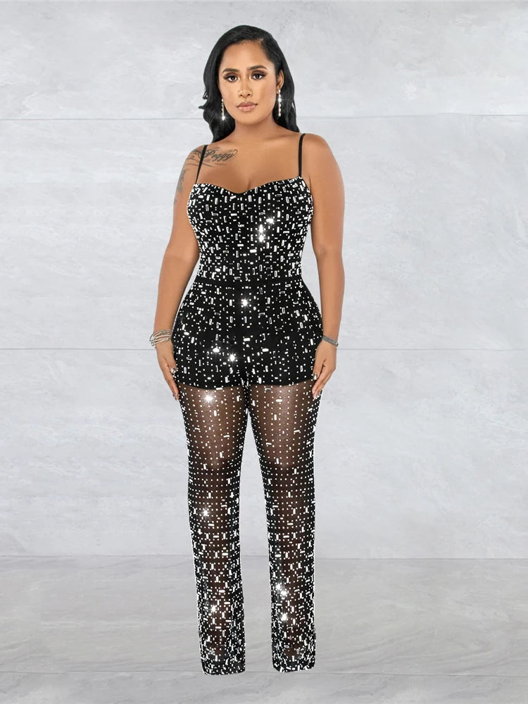 Women Club Outfits Spaghetti Strap Bodycon Jumpsuits Sparkly Rhinestone Romper Birthday Night Out One Piece Clubwear