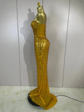 Elegance Golden Strapless Mesh See Through Long Dress Sparkly  Diamonds Evening Party Birthday Sexy Nightclub Singer Stage Wear