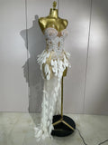 Luxury Sparkly Diamonds Pearls Strapless Mesh Maxi Dress Elegant Eveing Birthday Party Sexy Nightclub Performance Stage Costume
