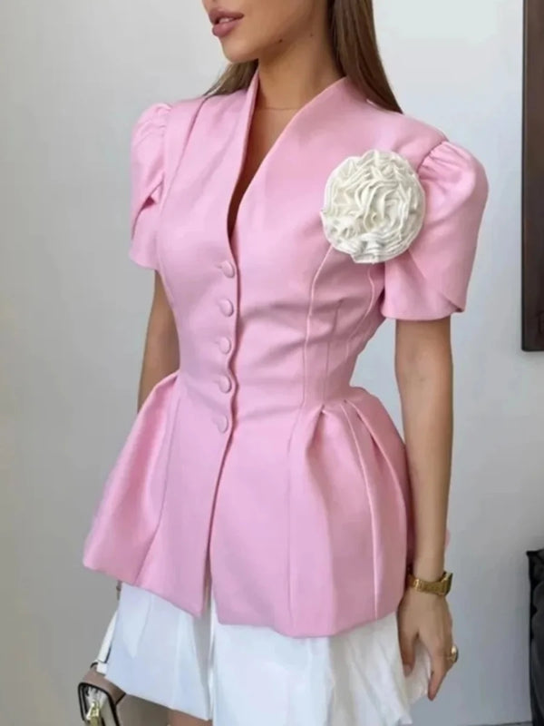 Hit Color Patchwork Appliques Jacket for Women V Neck Short Sleeve Slimming Elegant Temperament Coats Female Summer