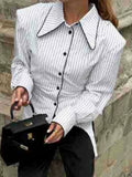 Elegant Striped Women Shirts Lapel Collar Long Sleeve Fit Shirt for Office Work Business Meeting Wear Fashion New