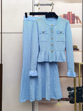 Hit Color Two Piece Set for Women O Neck Long Sleeve Patchwork Ruffles Hem Coat Long Skirt Office Lady Outfits Female New