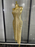 Shining Sequins Tassels Women Sexy One Shoulder Bodycon Long Bandage Dress Elegant Evening Party Celebrate Cocktail Outfit