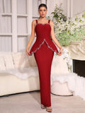 Solid Diamond Wave Cutting Design Sling Dress Sexy Sleeveless Waist Cinching Slim Women Dresses Evening Party Gown