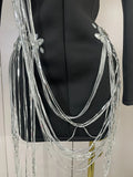 Sexy Sparkly Tassels Chains Black Suit Mini Dress Women Eveing Party Birthday Prom Nightclub Singer Performance Stage Costume