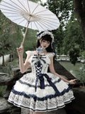 Olivegirl Lolita Dresses New Chinese Style Flower Print Lace Patchwork Sweet Bow Appliques Short Spaghetti Strap Dresses