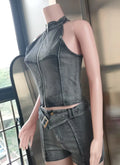 Distressed Style Denim 2 Piece Set Women Zipper Cardigan Sleeveless Crop Top+Skinny Shorts Hottie Street Hipster Suit