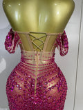 Women Sparkly Rhinestones Sequins Birthday Party Nightclub Dancer Stage PhotoShoot Costume Sexy Off The Shoulder Mesh Mini Dress