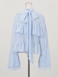 Solid Spliced Ruffles Slimming Blouses for Women O Neck Long Sleeve High Waist Shirts Female Fashion
