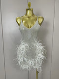 Luxury Sparkling Diamond Feather Sexy V-Neck Sequined Halter Mini Dress 2026 New Women Celebrate Birthday Party Cocktail Dreses