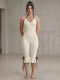 Contrast Color Bandage Playsuits Woman Halter Low-Neck Backless Sleeveless Ruffles High Street Fashion Style Rompers