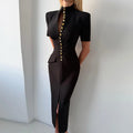 Elegant Solid Buttons Long Dress Women Waist Cinched Shoulder Pads High Collar Slit Dresses 2026 Spring Summer Lady Party Robes