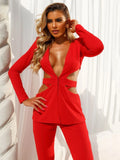 Red Sexy V-neck Long Sleeve Jacket+High Waist Flare Pants Blazer Set Women'S 2026 New Hollow Out Designer Two-Piece Set