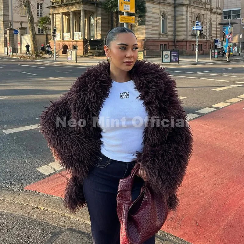 Winter 2026 Trend Burgundy Obsession Long Faux Mongolia Sheep Fur Jacket Coat Women Chic Lapel Collar Fluffy Overcoat