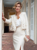 New Arrival Elegant Lady 2 Piece Skirt Set Bead Crystal Suit Long Sleeve Jacket Slim Split Midi Skirt Women 2 Pcs Outfit