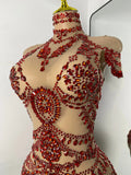 Sparkly Red Rhinestones Women Sexy Mesh See Through High Stretch Bodysuit Nightclub Performance Dance Costume Singer Stage Wear