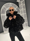 Womens Black Sequin Puffer Coat Zip Up Stand Collar Pockets Warm Jacket Fall Winter Party Club Streetwear Trendy Lady Cozy Wear