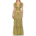 Romantic Boho Two Piece for Women V Neck Lace Spliced Crop Top Sheer Ruffle Hem Drawstring Waist Outfit for Vacation Beach