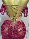 Women Birthday Party Nightclub Dancer Stage PhotoShoot Costume Sexy Sparkly Rhinestones Sequins Off The Shoulder Mesh Mini Dress