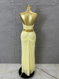 Sexy Halter Neck Maxi Dress Crystal Chain Cutout Ruched Women Sheer Mesh Form Outfit Glamorous Evening Gala Party Costume