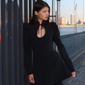 White Lace Up Short Dress Women's Elegant Stand Collar Long Sleeve Slim A Line Party Evening Gown Retro Summer Dress