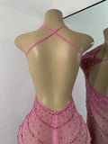 Luxury Rhinestones Pink Elegant Princess Long Dress Design Women Sexy Mesh Split Backless See Through Dresses For Special Events
