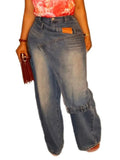 Women Wide Leg Jeans Asymmetric Deconstruct PU Patch Washed Loose Trendy Streetwear Fashion Autumn