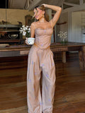 Floral Print Ruched Strapless Tube Top Elastic Waist Wide Leg Pants 2-Piece Set 2026 Summer Women Resort Bohemian Casual Outfit