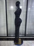 Black Color Women Sexy Halter Mesh See Through Bodycon Long Gowns Dress Sparkly Crystal Celebrate Evening Party Cocktail Wear