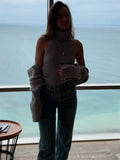 Women's Ribbed Knit Turtleneck Cutout Shoulder Halter Vest Long-Sleeved Shawl 2-Piece Set Slim Y2K Sexy Street Autumn Top