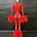 New Sexy See-through Red Fur Stone Club Wear Jumpsuit Long Women's Jumpsuit Rhinestone Mesh Jumpsuit