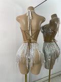 Women Sexy Crop Top Skirt Two Pieces Sets Glitter Sequins Backless Performance Outfit Nightclub Luxury Birthday Dress