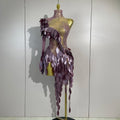 Luxury Diamonds Birthday Evening Party Bar Nightclub Stage Costume Sexy Purple One Shoulder Mesh See Through Bodycon Mini Dress