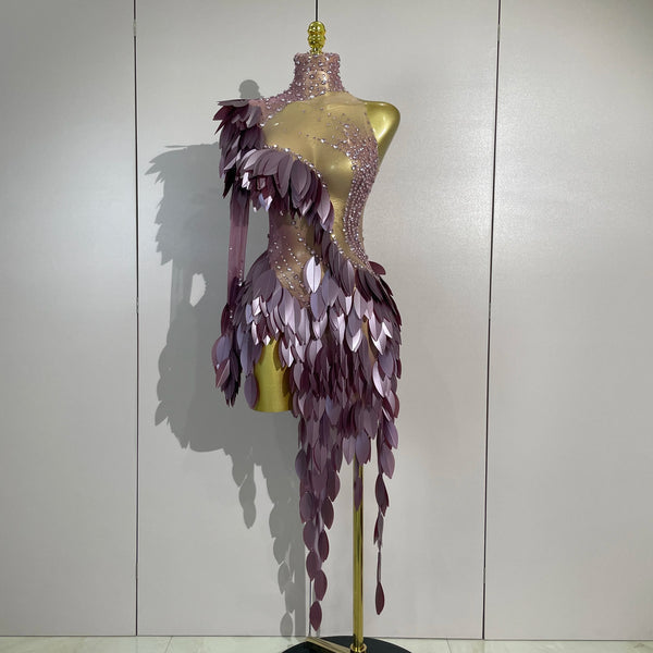 Luxury Diamonds Birthday Evening Party Bar Nightclub Stage Costume Sexy Purple One Shoulder Mesh See Through Bodycon Mini Dress