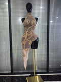 Shining Rhinestones Women Sexy Off the Shoulder Mesh See Through Bodycon Mid-calf Dress Nightclub Party Celebrate Stage Wear
