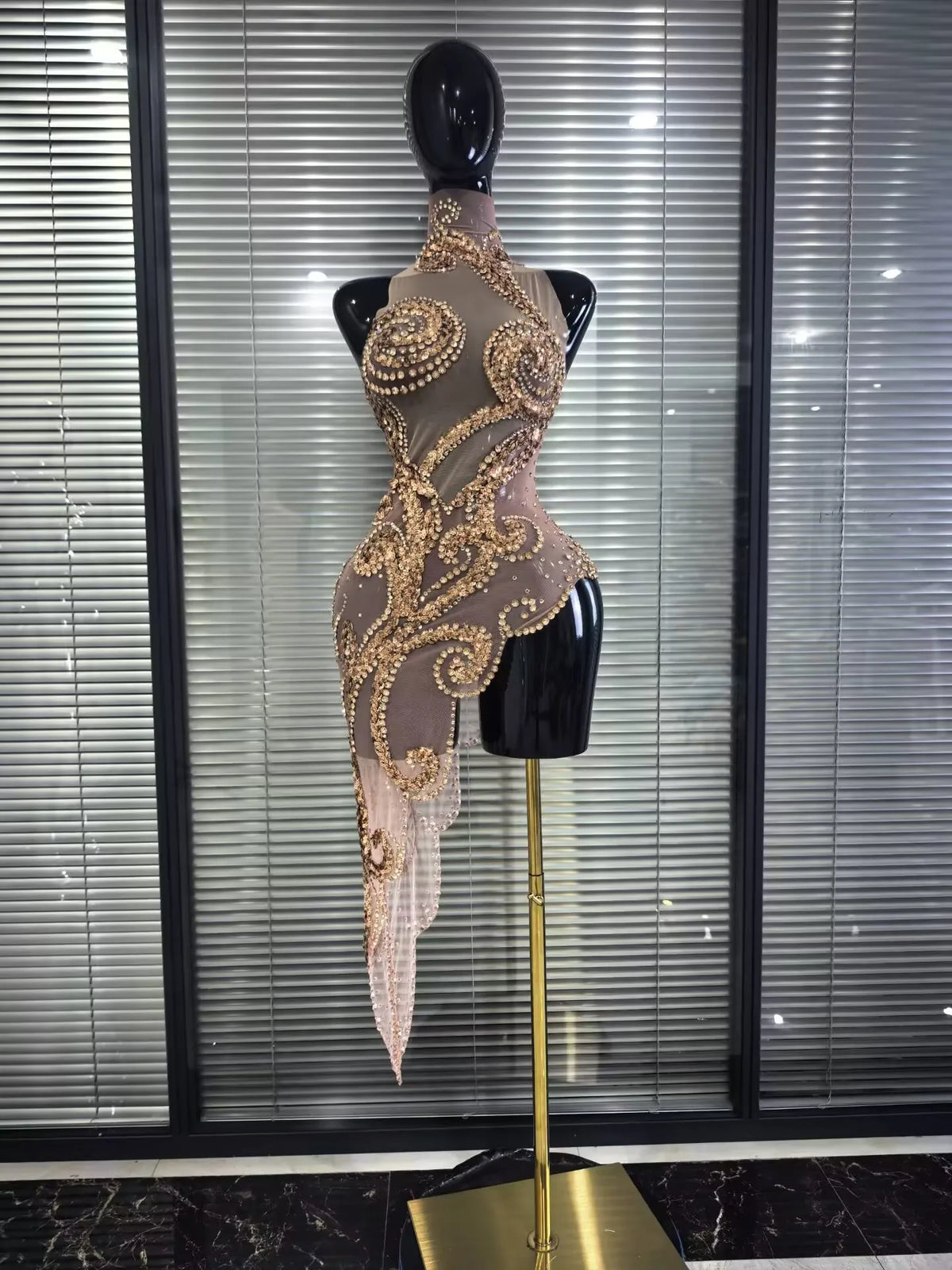 Shining Rhinestones Women Sexy Off the Shoulder Mesh See Through Bodycon Mid-calf Dress Nightclub Party Celebrate Stage Wear