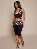 Patchwork 2-Piece Set Women Backless Halter Low-Neck Vest+Folds Elastic Waist Short Fashion Polka Dot Print Suits