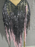 Singer Stage Nightclub Outfit Sexy Chic Gray Pink Glittering Beaded Fringed Halter Dress Performance Costume Dance Party