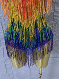 Sexy Rainbow Gradient Fringe Halter Bodysuit Rhinestone Choker Women Stage Performance Carnival Party Outfit