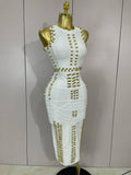 Women Celebrate Evening Prom Birthday Party Dress Vestido Elegance White Metal Buckle O Neck Sleeveless Bodycon Bandage Dress