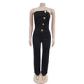 Women's Elegant Button Strapless Sleeveless Irregular Jumpsuits One Piece Metal Button Decor Overalls Outfit Night Clubwear