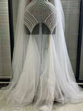 Luxury White Pearl Long Dress Wedding Birthday Drag Queen Photoshoot Dress Women Backless Mesh Sexy Dress Singer Stage Wear