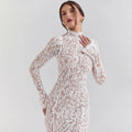 Elegant White Lace Midi Dress Women's Turtleneck Long Sleeve Ruched Bodycon Dresses Evening Party Cocktail Female Winter Autumn