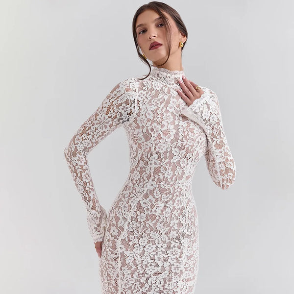 Elegant White Lace Midi Dress Women's Turtleneck Long Sleeve Ruched Bodycon Dresses Evening Party Cocktail Female Winter Autumn