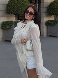 Ruffle Trim Sheer Long Sleeve Cropped Blouse Cuff Tie-Front Sheer Chiffon 2026 Summer Coquette Women Beach Casual Cover-Up Top