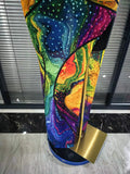 Colorful Rhinestones Print Women Sexy Off the Shoulder Mesh See Through Bodycon Long Dress Nightclub Party Performance Costumes